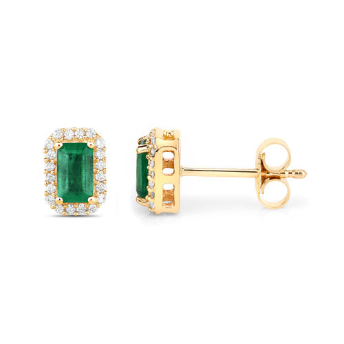 Bids.com 0.91 Carat Genuine Zambian Emerald and White Diamond 14K Yellow Gold Earrings Earrings