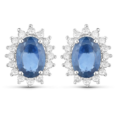 Bids.com 2.22 Carat Genuine Blue Sapphire and White Diamond 14K White Gold Earrings Earrings