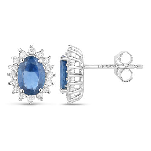 Bids.com 2.22 Carat Genuine Blue Sapphire and White Diamond 14K White Gold Earrings Earrings