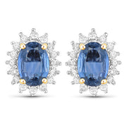 Bids.com 2.22 Carat Genuine Blue Sapphire and White Diamond 14K Yellow Gold Earrings Earrings