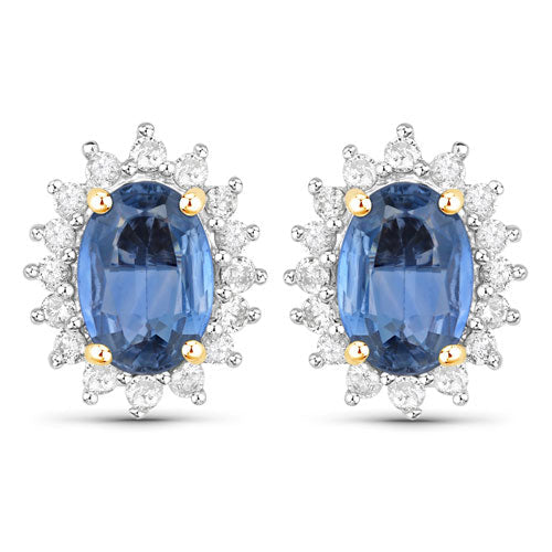 Bids.com 2.22 Carat Genuine Blue Sapphire and White Diamond 14K Yellow Gold Earrings Earrings