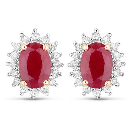 Bids.com 2.02 Carat Genuine Ruby and White Diamond 14K Yellow Gold Earrings Earrings