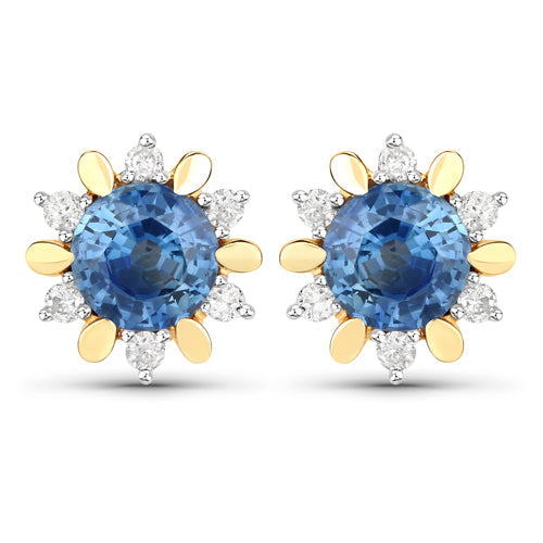 Bids.com 1.87 Carat Genuine Blue Sapphire and White Diamond 14K Yellow Gold Earrings Earrings