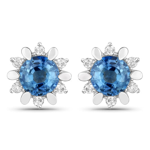 Bids.com 1.87 Carat Genuine Blue Sapphire and White Diamond 14K White Gold Earrings Earrings