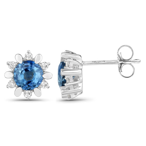 Bids.com 1.87 Carat Genuine Blue Sapphire and White Diamond 14K White Gold Earrings Earrings