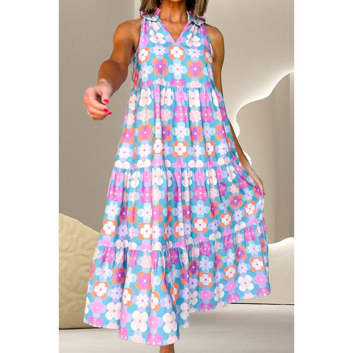 Frill Printed Notched Sleeveless Dress