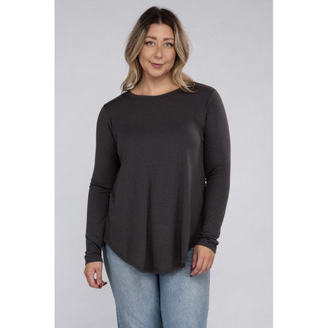 Plus Long Sleeve Round Neck Round Hem Top