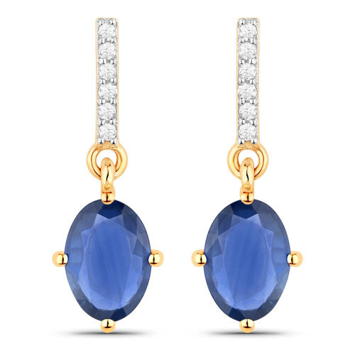 Bids.com 1.95 Carat Genuine Blue Sapphire and White Diamond 14K Yellow Gold Earrings Earrings