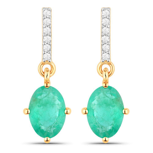 Bids.com 1.49 Carat Genuine Zambian Emerald and White Diamond 10K Yellow Gold Earrings Earrings