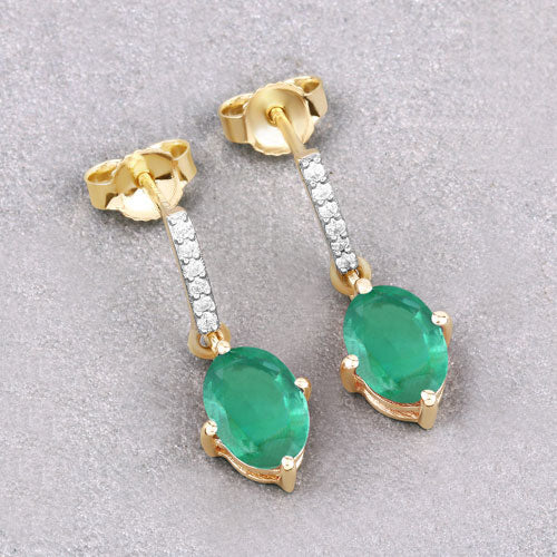 Bids.com 1.49 Carat Genuine Zambian Emerald and White Diamond 10K Yellow Gold Earrings Earrings