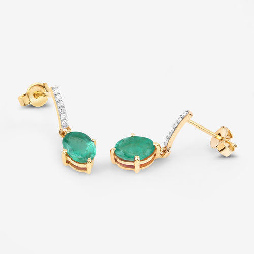 Bids.com 1.49 Carat Genuine Zambian Emerald and White Diamond 10K Yellow Gold Earrings Earrings