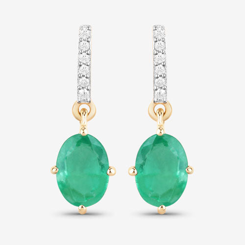 Bids.com 1.49 Carat Genuine Zambian Emerald and White Diamond 10K Yellow Gold Earrings Earrings