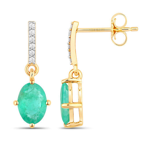 Bids.com 1.49 Carat Genuine Zambian Emerald and White Diamond 10K Yellow Gold Earrings Earrings