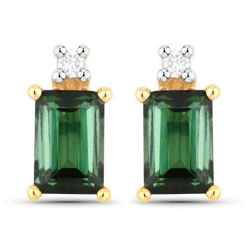 Bids.com 1.24 Carat Genuine Green Tourmaline and White Diamond 14K Yellow Gold Earrings Earrings