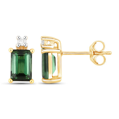 Bids.com 1.24 Carat Genuine Green Tourmaline and White Diamond 14K Yellow Gold Earrings Earrings