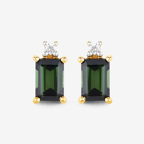 Bids.com 1.24 Carat Genuine Green Tourmaline and White Diamond 14K Yellow Gold Earrings Earrings