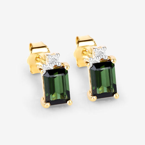 Bids.com 1.24 Carat Genuine Green Tourmaline and White Diamond 14K Yellow Gold Earrings Earrings