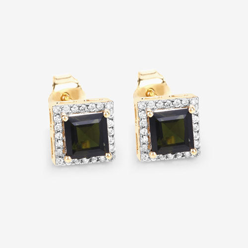 Bids.com 1.55 Carat Genuine Green Tourmaline and White Diamond 14K Yellow Gold Earrings Earrings