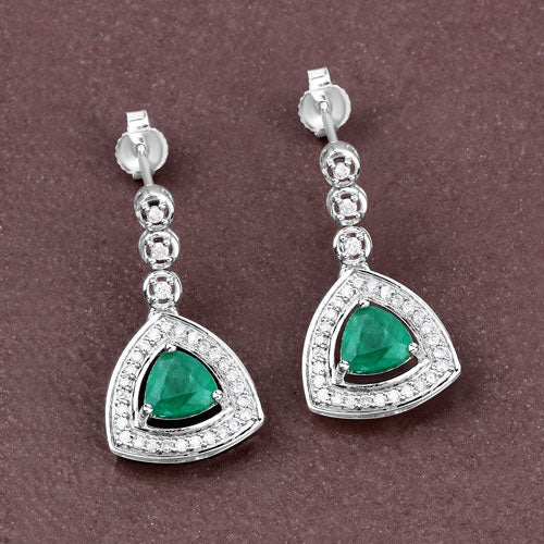 Bids.com 1.39 Carat Genuine Zambian Emerald and White Diamond 14K White Gold Earrings Earrings