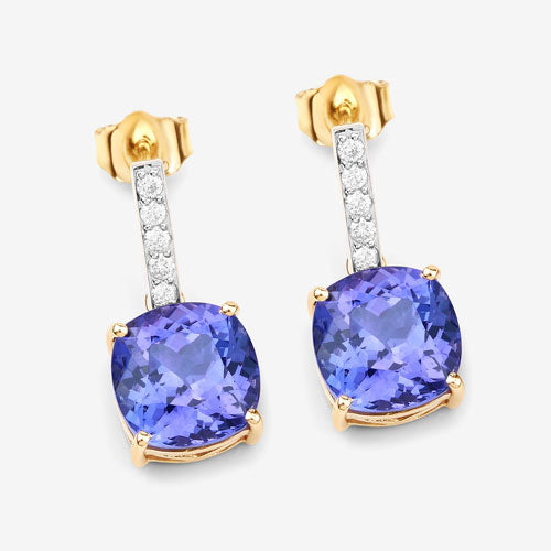Bids.com 5.64 Carat Genuine Tanzanite and White Diamond 14K Yellow Gold Earrings Earrings