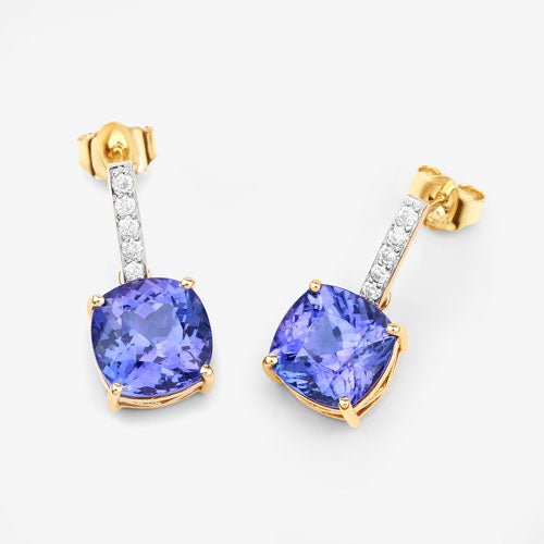 Bids.com 5.64 Carat Genuine Tanzanite and White Diamond 14K Yellow Gold Earrings Earrings