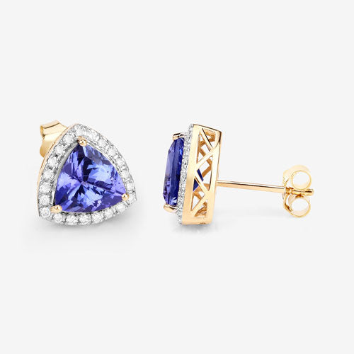 Bids.com 3.82 Carat Genuine Tanzanite and White Diamond 14K Yellow Gold Earrings Earrings