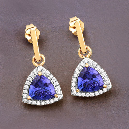 Bids.com 3.86 Carat Genuine Tanzanite and White Diamond 14K Yellow Gold Earrings Earrings