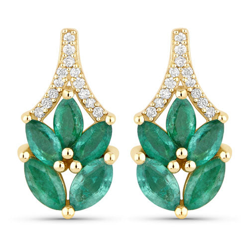 Bids.com 0.91 Carat Genuine Zambian Emerald and White Diamond 14K Yellow Gold Earrings Earrings