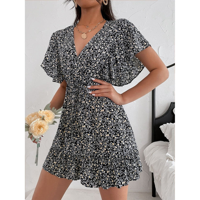 Cutout Ditsy Floral Surplice Flounce Sleeve Dress