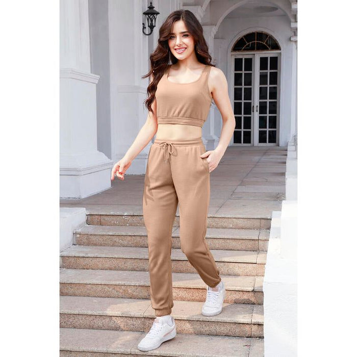 Waffle-Knit Cropped Tank and Drawstring Pants Set