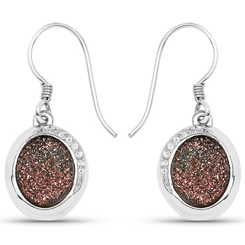 Bids.com 4.72 Carat Genuine Copper Bloom Drusy and White Topaz .925 Sterling Silver Earrings Earrings