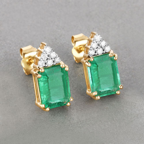 Bids.com 2.87 Carat Genuine Ethiopian Emerald and White Diamond 14K Yellow Gold Earrings Earrings