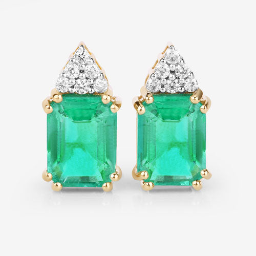 Bids.com 2.87 Carat Genuine Ethiopian Emerald and White Diamond 14K Yellow Gold Earrings Earrings