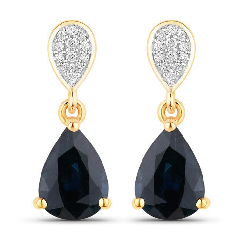 Bids.com 2.76 Carat Genuine Blue Sapphire and White Diamond 10K Yellow Gold Earrings Earrings