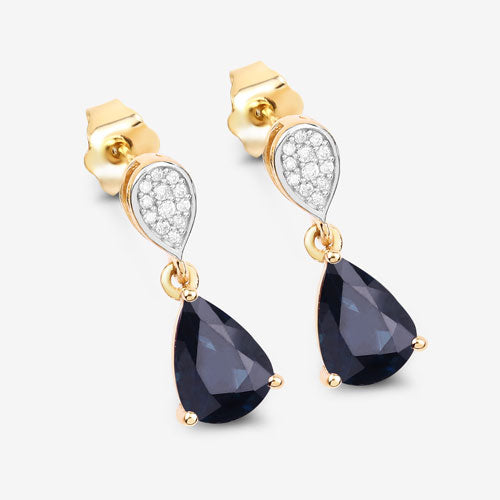 Bids.com 2.76 Carat Genuine Blue Sapphire and White Diamond 10K Yellow Gold Earrings Earrings
