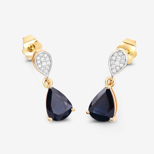 Bids.com 2.76 Carat Genuine Blue Sapphire and White Diamond 10K Yellow Gold Earrings Earrings