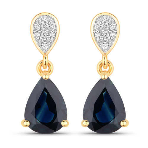 Bids.com 2.76 Carat Genuine Blue Sapphire and White Diamond 14K Yellow Gold Earrings Earrings