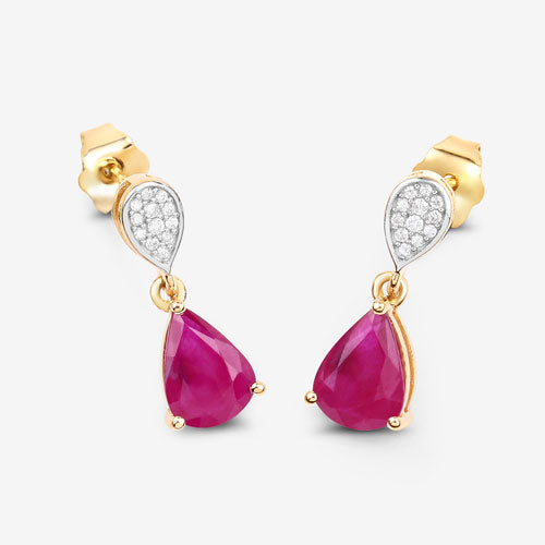 Bids.com 2.46 Carat Genuine Ruby and White Diamond 10K Yellow Gold Earrings Earrings
