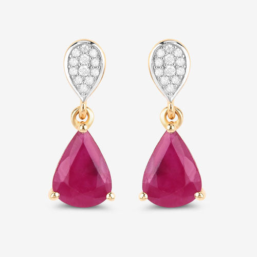Bids.com 2.46 Carat Genuine Ruby and White Diamond 10K Yellow Gold Earrings Earrings
