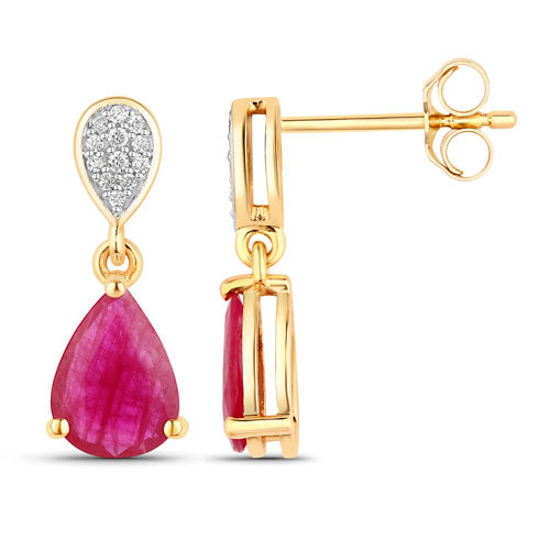 Bids.com 2.46 Carat Genuine Ruby and White Diamond 10K Yellow Gold Earrings Earrings