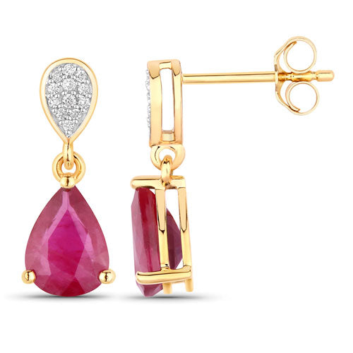 Bids.com 2.46 Carat Genuine Ruby and White Diamond 14K Yellow Gold Earrings Earrings