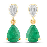 Bids.com 2.28 Carat Genuine Zambian Emerald and White Diamond 10K Yellow Gold Earrings Earrings