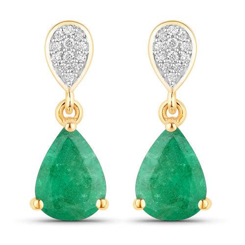 Bids.com 2.28 Carat Genuine Zambian Emerald and White Diamond 10K Yellow Gold Earrings Earrings