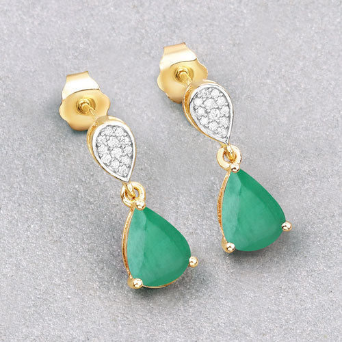 Bids.com 2.28 Carat Genuine Zambian Emerald and White Diamond 10K Yellow Gold Earrings Earrings