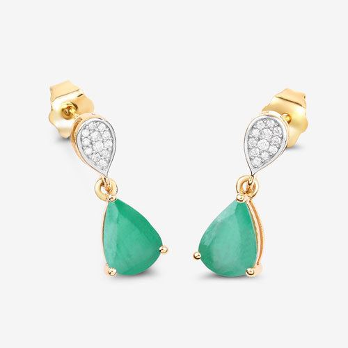 Bids.com 2.28 Carat Genuine Zambian Emerald and White Diamond 10K Yellow Gold Earrings Earrings