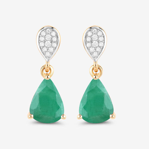 Bids.com 2.28 Carat Genuine Zambian Emerald and White Diamond 10K Yellow Gold Earrings Earrings