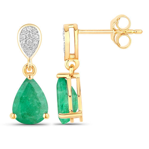 Bids.com 2.28 Carat Genuine Zambian Emerald and White Diamond 10K Yellow Gold Earrings Earrings