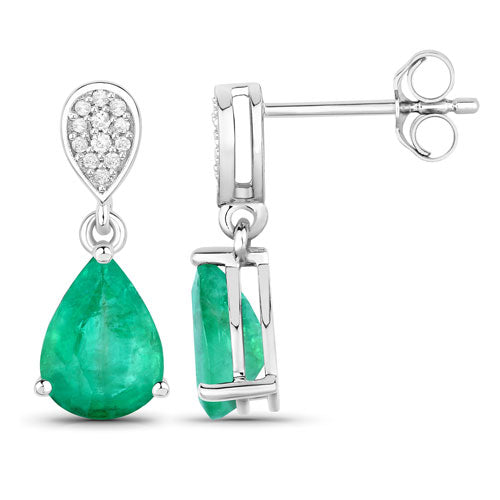 Bids.com 2.28 Carat Genuine Zambian Emerald and White Diamond 14K White Gold Earrings Earrings