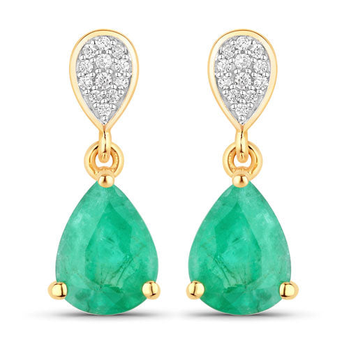 Bids.com 2.28 Carat Genuine Zambian Emerald and White Diamond 14K Yellow Gold Earrings Earrings