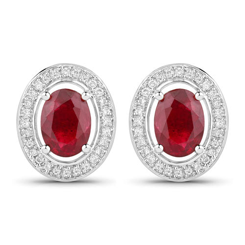 Bids.com 2.12 Carat Genuine Ruby and White Diamond 14K White Gold Earrings Earrings